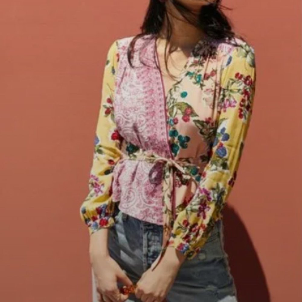 Anthropologie | Meadow Rue Patchwork Floral Wrap Top - Size 10